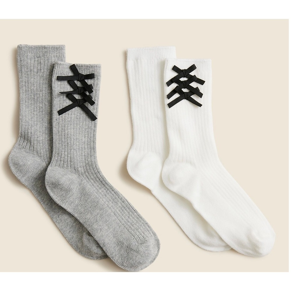 J. Crew Bow Trouser Socks Girls One Size Gray White 2-Pack Ribbed Crew Academia